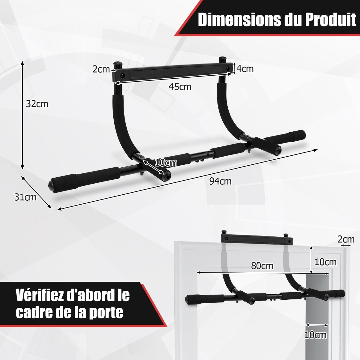 Barre De Traction Pour Porte Robuste Avec Poignées Enveloppées De Mousse Barre De Fitness Polyvalente Pour La Plupart Des Cadres De Porte Jusqu'À 80 Cm