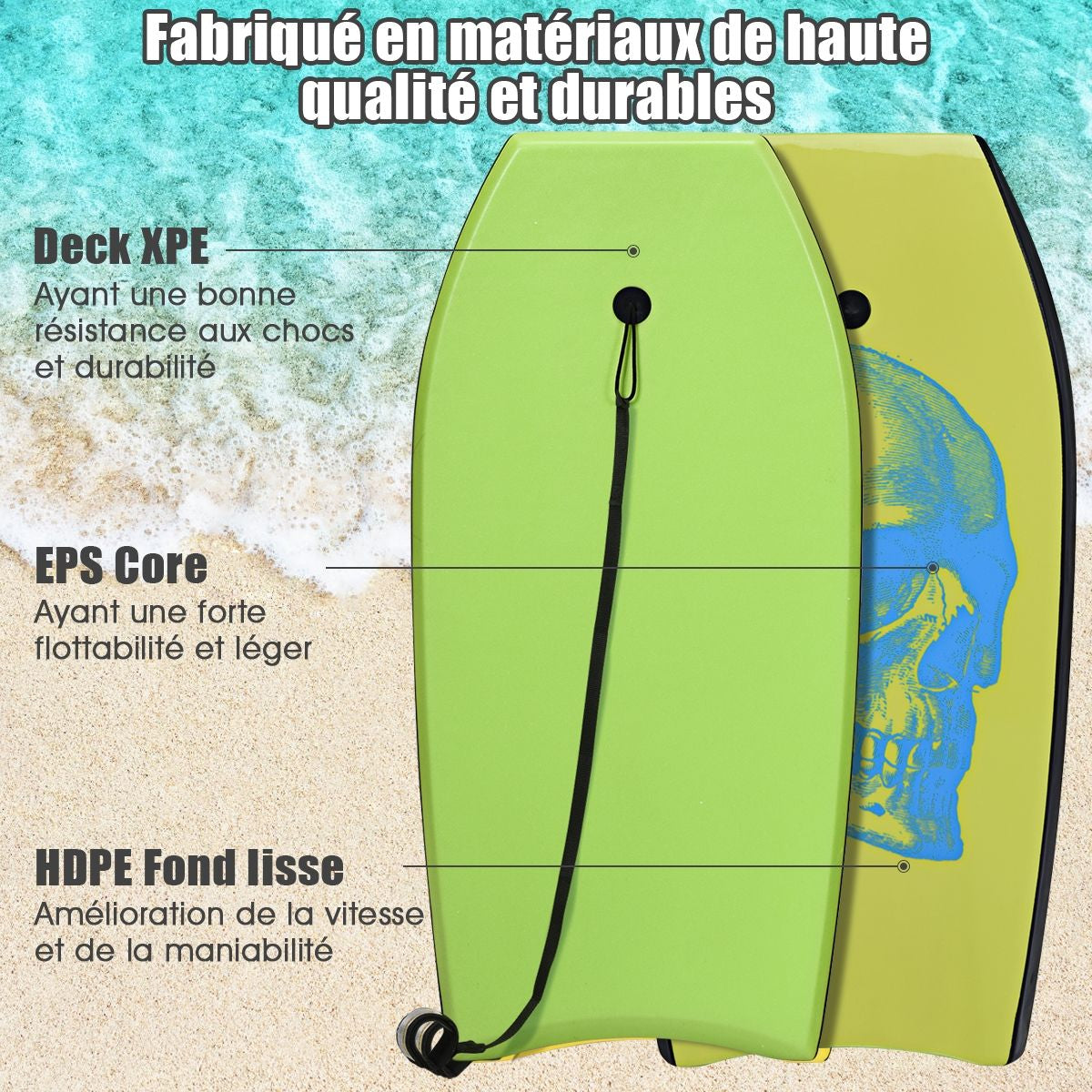 Bodyboard 41 Pouces Avec Sangle De 90 CM Planche De Surf Avec Motif De Crâne Cool De Couleur Vert Pour Adulte