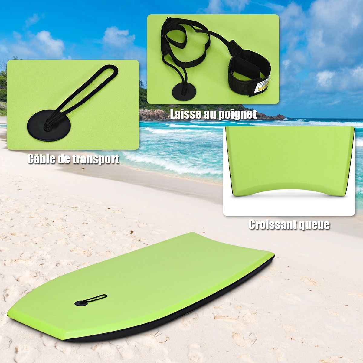 Bodyboard 41 Pouces Avec Sangle De 90 CM Planche De Surf Avec Motif De Crâne Cool De Couleur Vert Pour Adulte